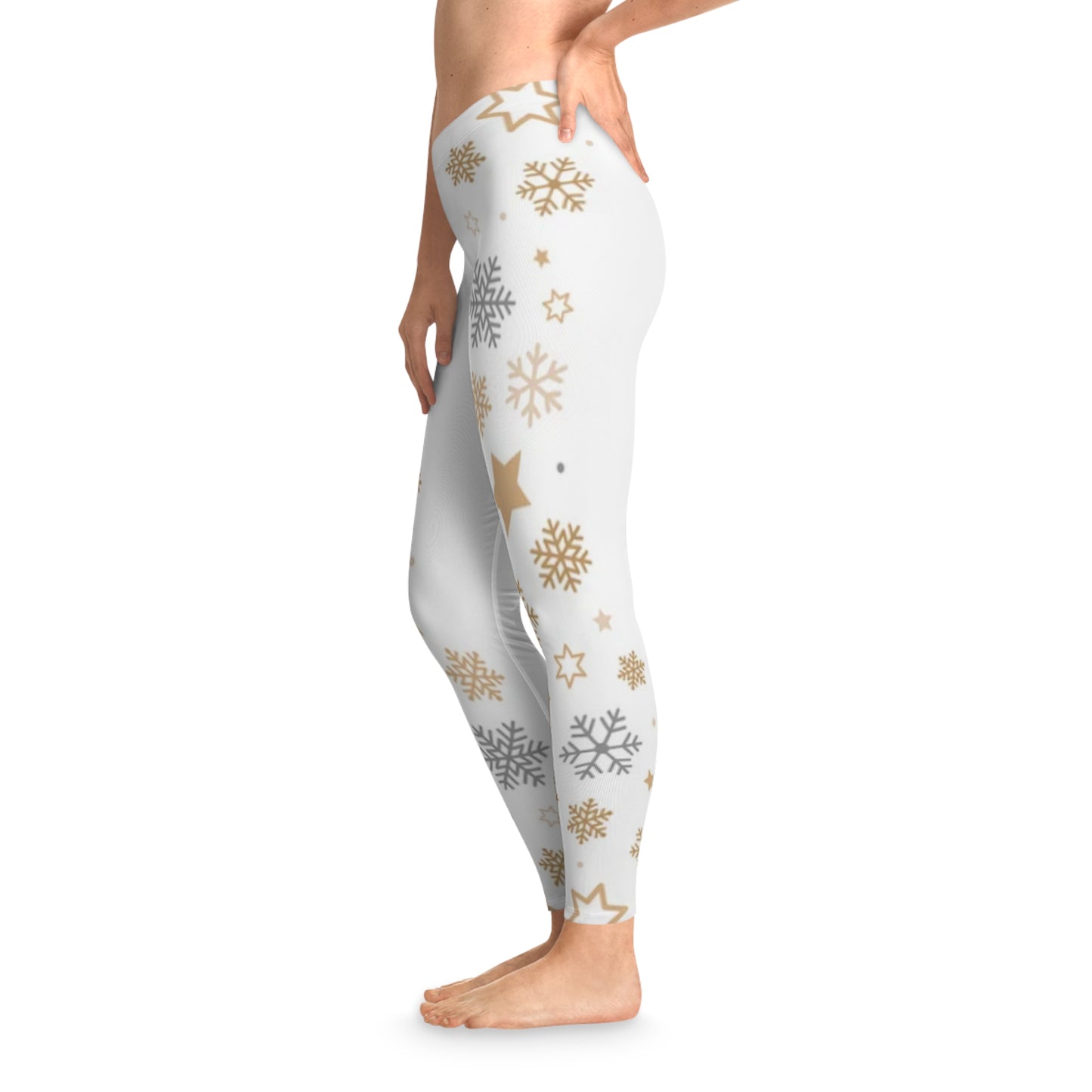 Holiday Stretchy Leggings, White Leggings with Snowflakes and Stars, Womens Leggings, Holiday Leggings, Festive Leggings