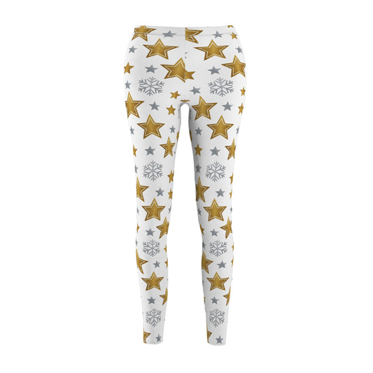 Holiday Leggings, Gold Star & Snowflake Christmas Leggings, Women's Festive White Yoga Pants