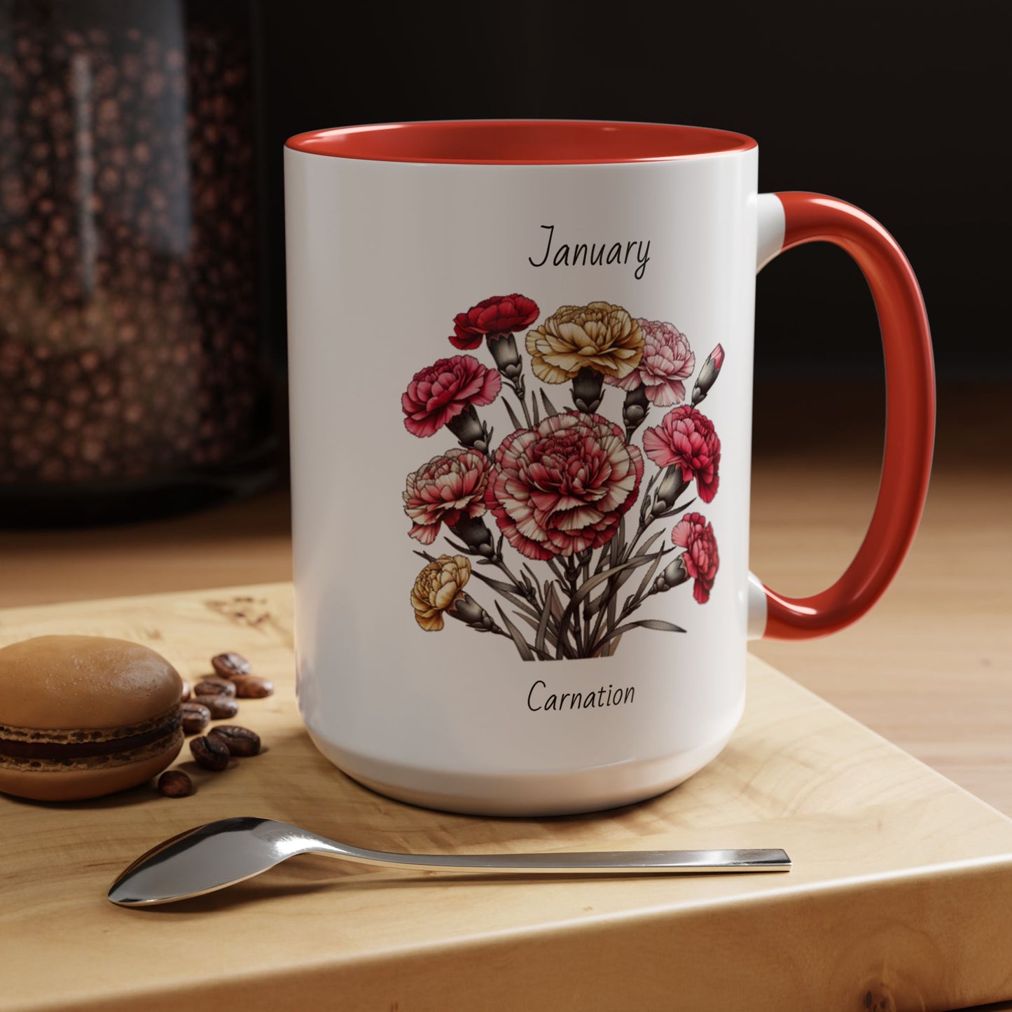 Coffee Mug Flower Coffee Mug, January Birth Month Flower - Carnation, Birthday Gift Flower, Girlfriend Gift, Coffee Lover Gift