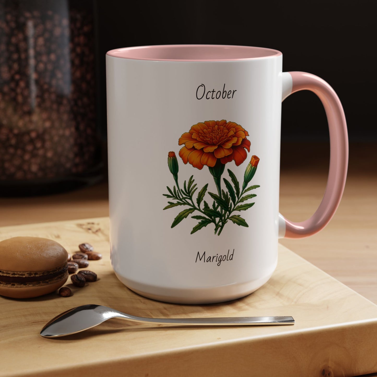 October Coffee Mug Flower Accent Coffee Mug, October Birth Month Flower - Marigold, Birthday Gift Flower, Birthday Mug