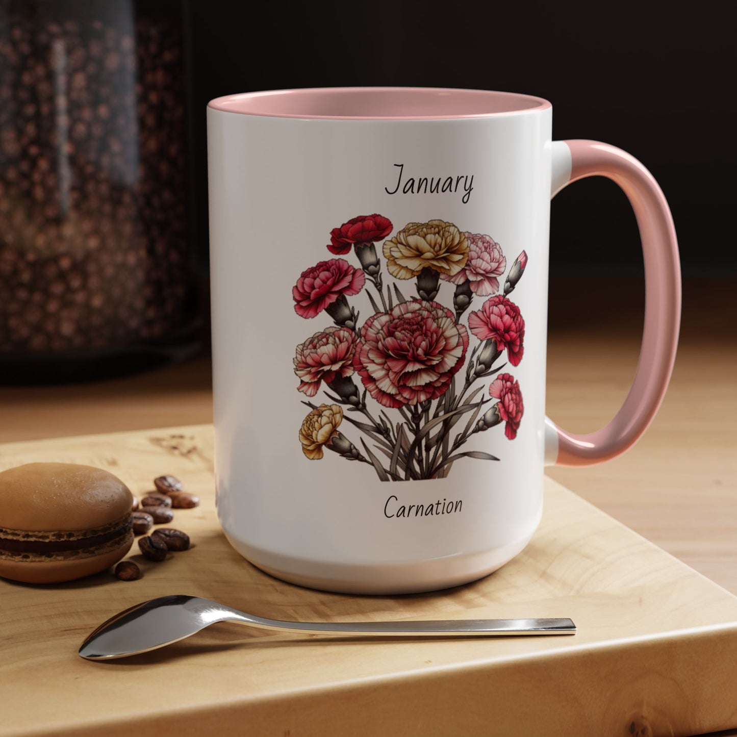 Coffee Mug Flower Coffee Mug, January Birth Month Flower - Carnation, Birthday Gift Flower, Girlfriend Gift, Coffee Lover Gift