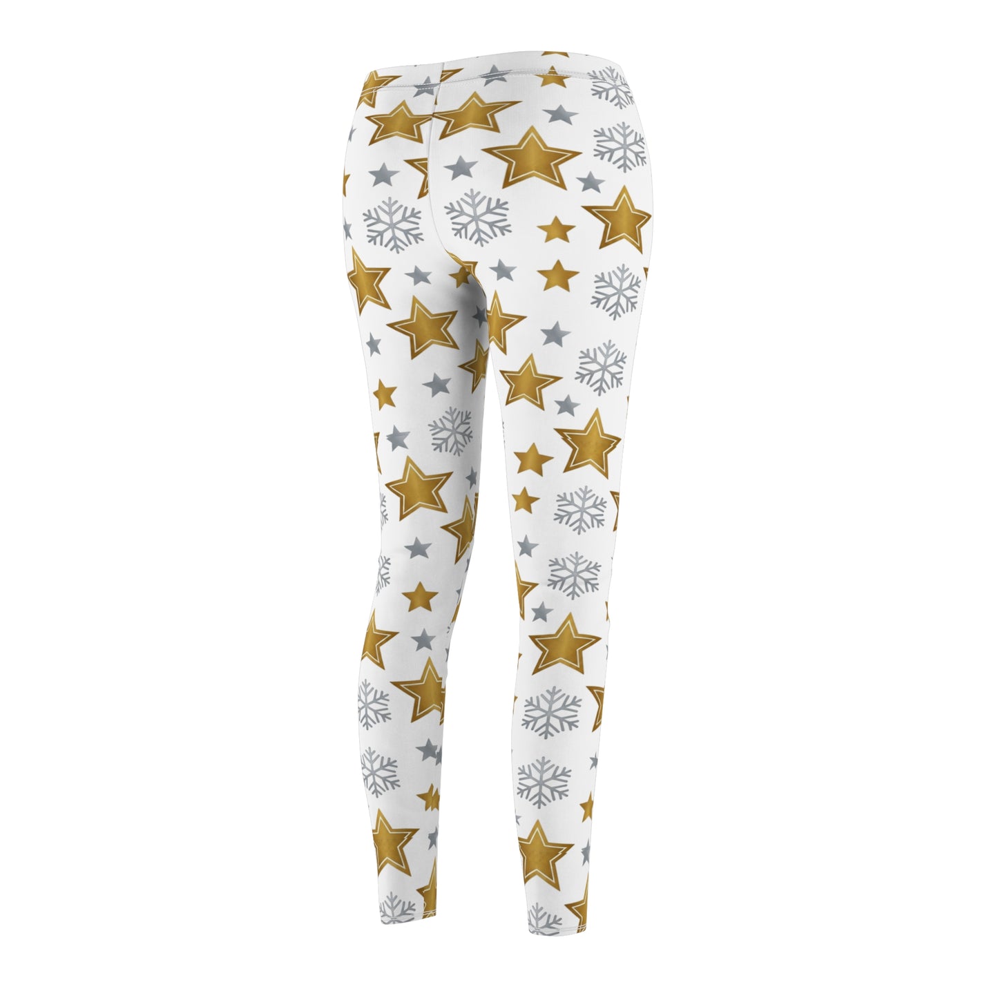 Holiday Leggings, Gold Star & Snowflake Christmas Leggings, Women's Festive White Yoga Pants