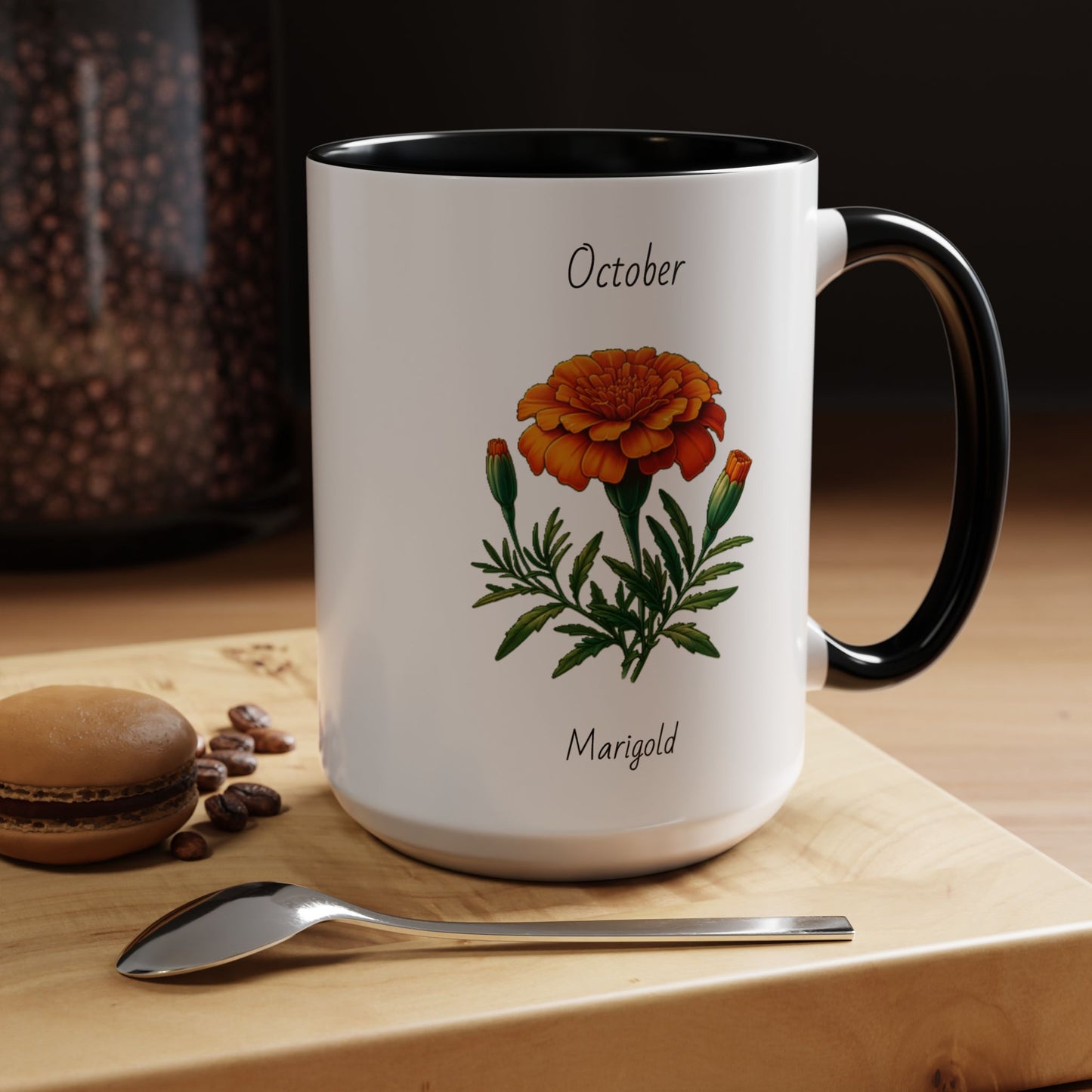 October Coffee Mug Flower Accent Coffee Mug, October Birth Month Flower - Marigold, Birthday Gift Flower, Birthday Mug