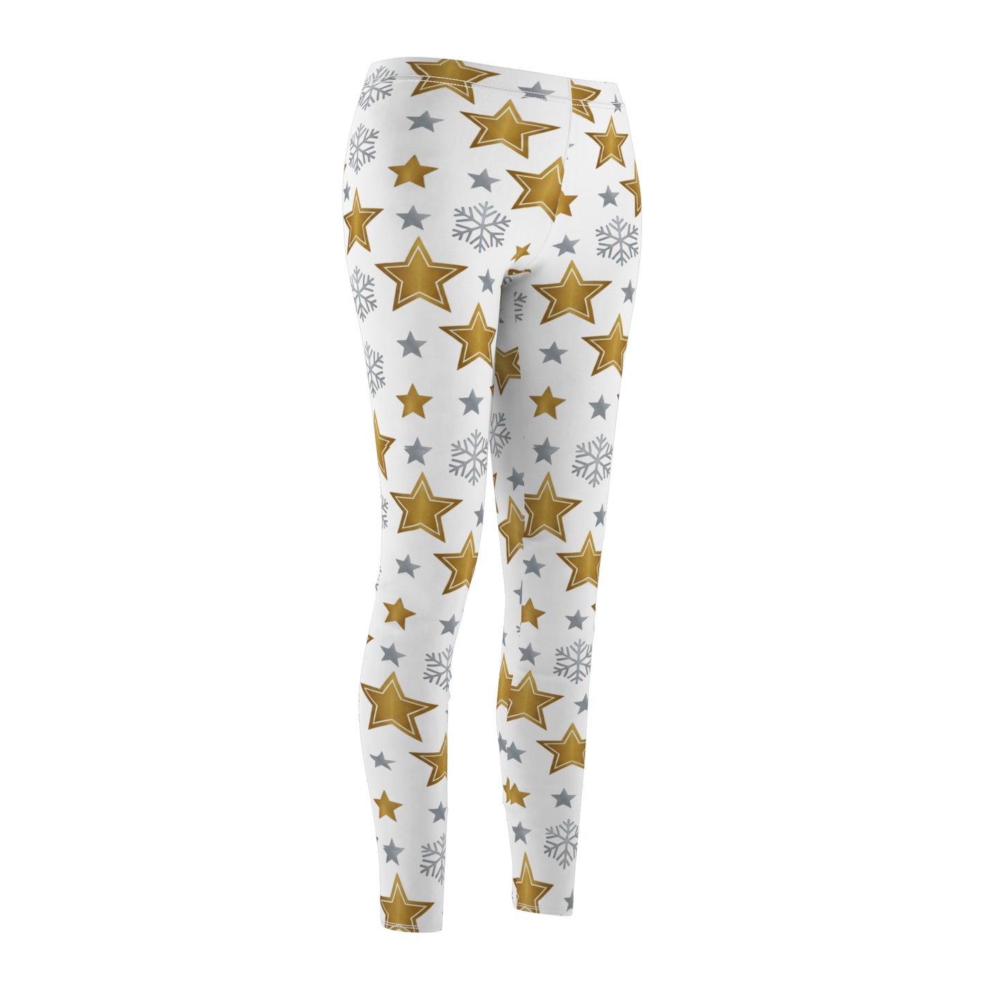 Holiday Leggings, Gold Star & Snowflake Christmas Leggings, Women's Festive White Yoga Pants