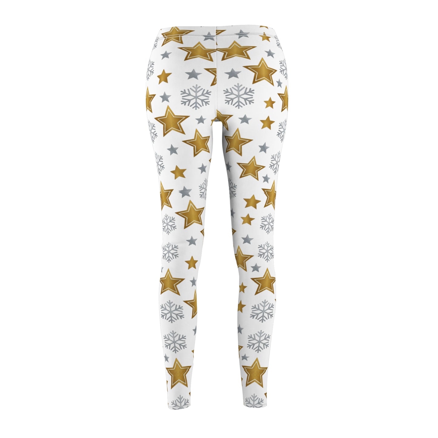 Holiday Leggings, Gold Star & Snowflake Christmas Leggings, Women's Festive White Yoga Pants