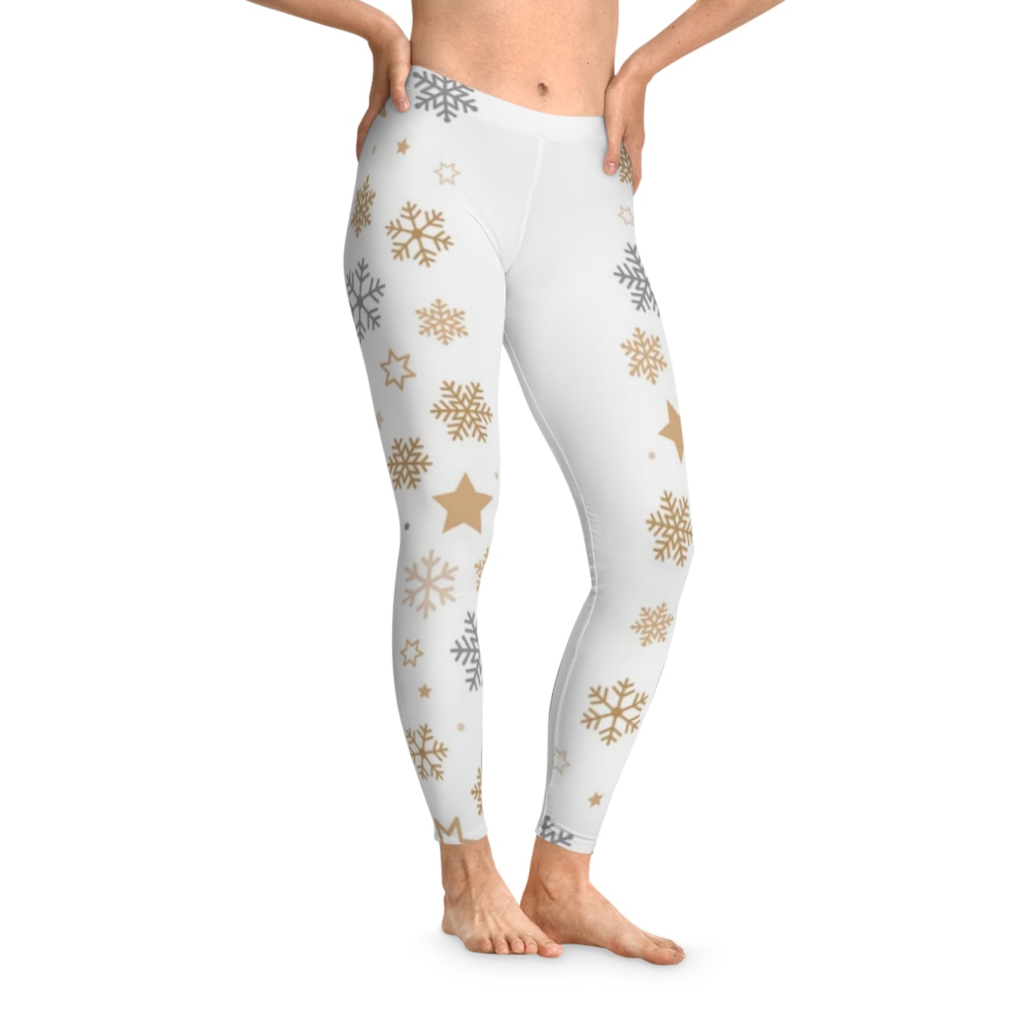 Holiday Stretchy Leggings, White Leggings with Snowflakes and Stars, Womens Leggings, Holiday Leggings, Festive Leggings
