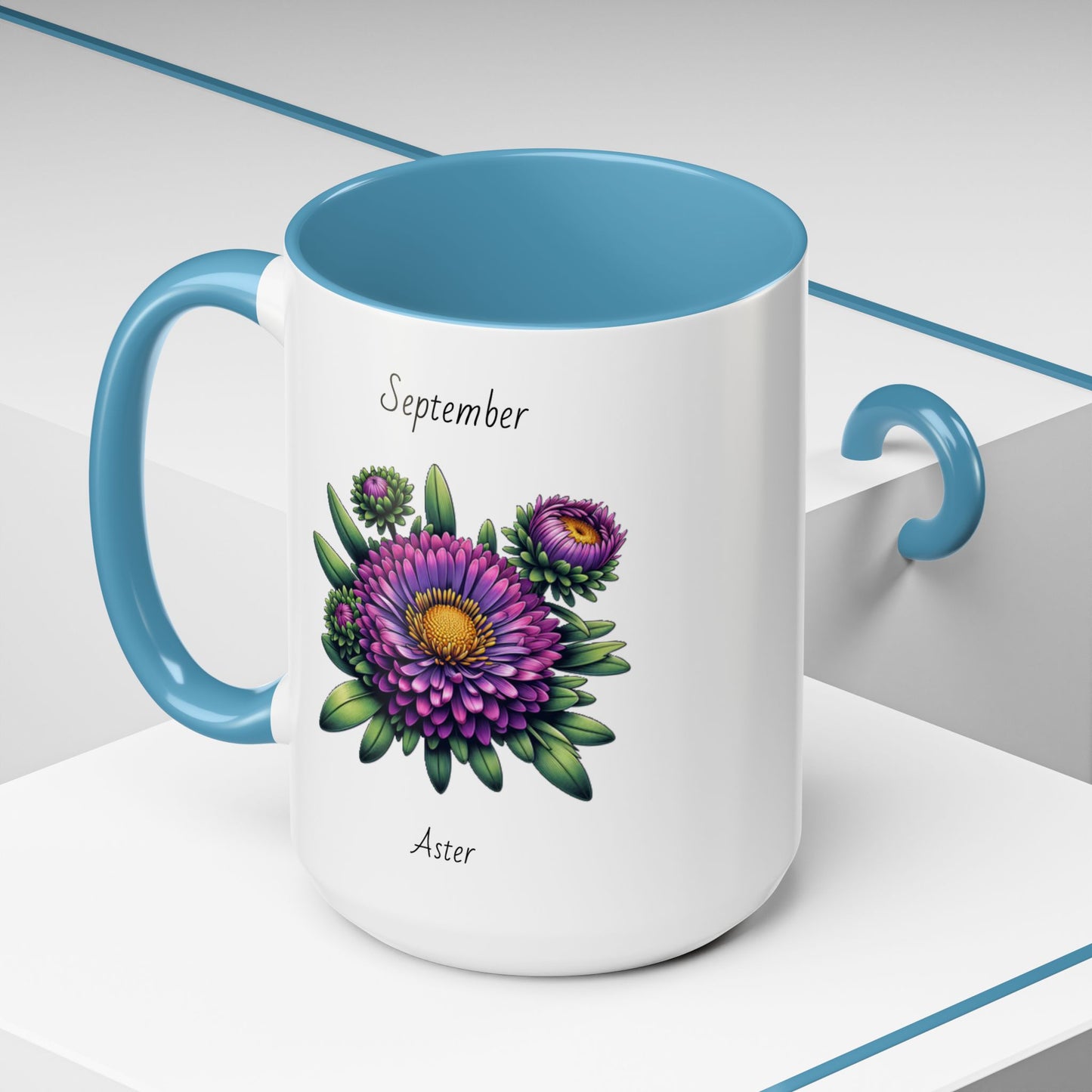 September Coffee Mug Flower Accent Coffee Mug, September Birth Flower - Aster, Birthday Gift Flower Mug