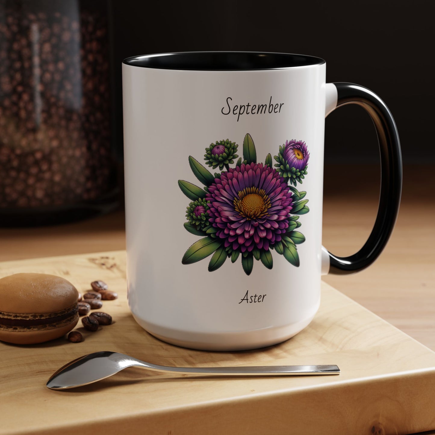 September Coffee Mug Flower Accent Coffee Mug, September Birth Flower - Aster, Birthday Gift Flower Mug