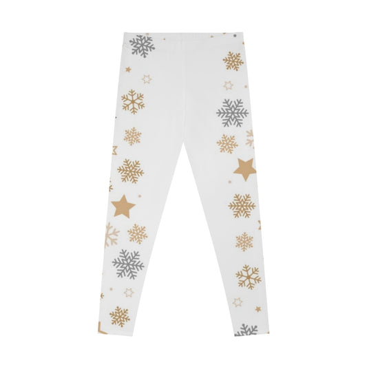 Holiday Stretchy Leggings, White Leggings with Snowflakes and Stars, Womens Leggings, Holiday Leggings, Festive Leggings