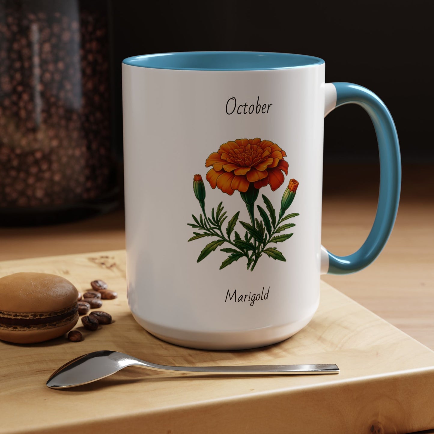 October Coffee Mug Flower Accent Coffee Mug, October Birth Month Flower - Marigold, Birthday Gift Flower, Birthday Mug