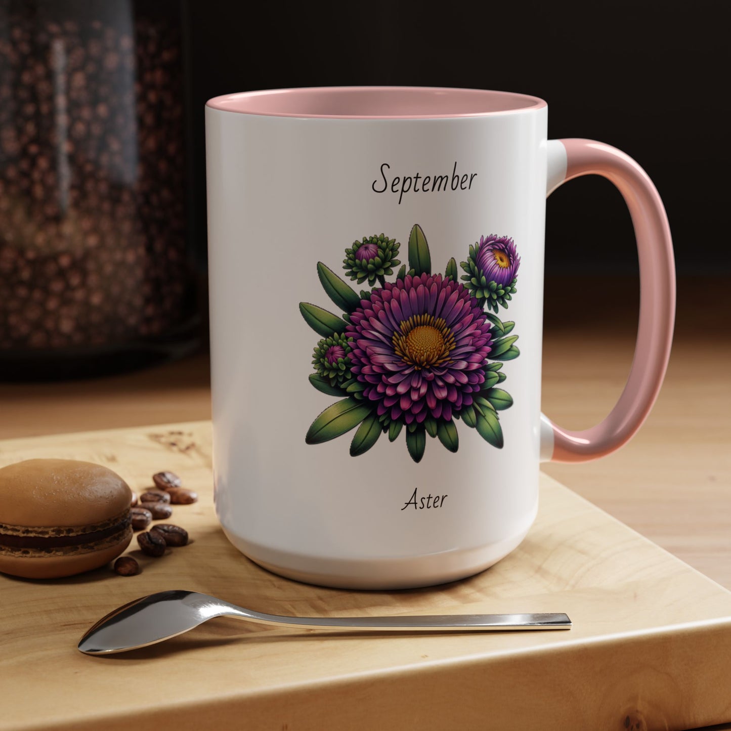 September Coffee Mug Flower Accent Coffee Mug, September Birth Flower - Aster, Birthday Gift Flower Mug