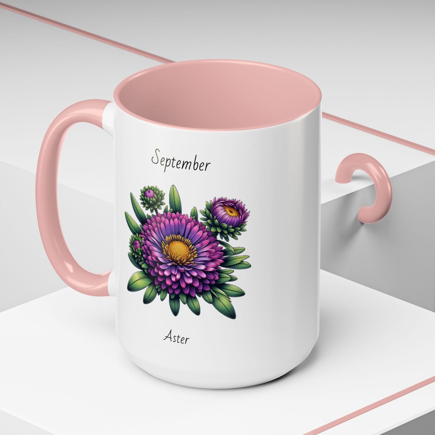 September Coffee Mug Flower Accent Coffee Mug, September Birth Flower - Aster, Birthday Gift Flower Mug