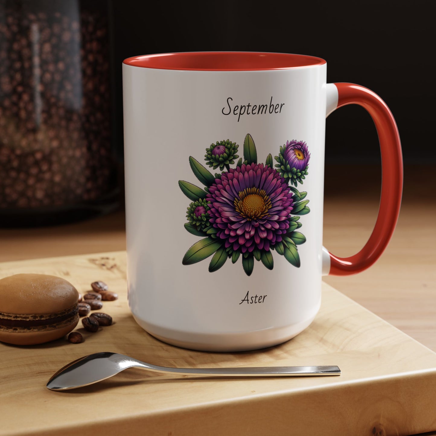 September Coffee Mug Flower Accent Coffee Mug, September Birth Flower - Aster, Birthday Gift Flower Mug