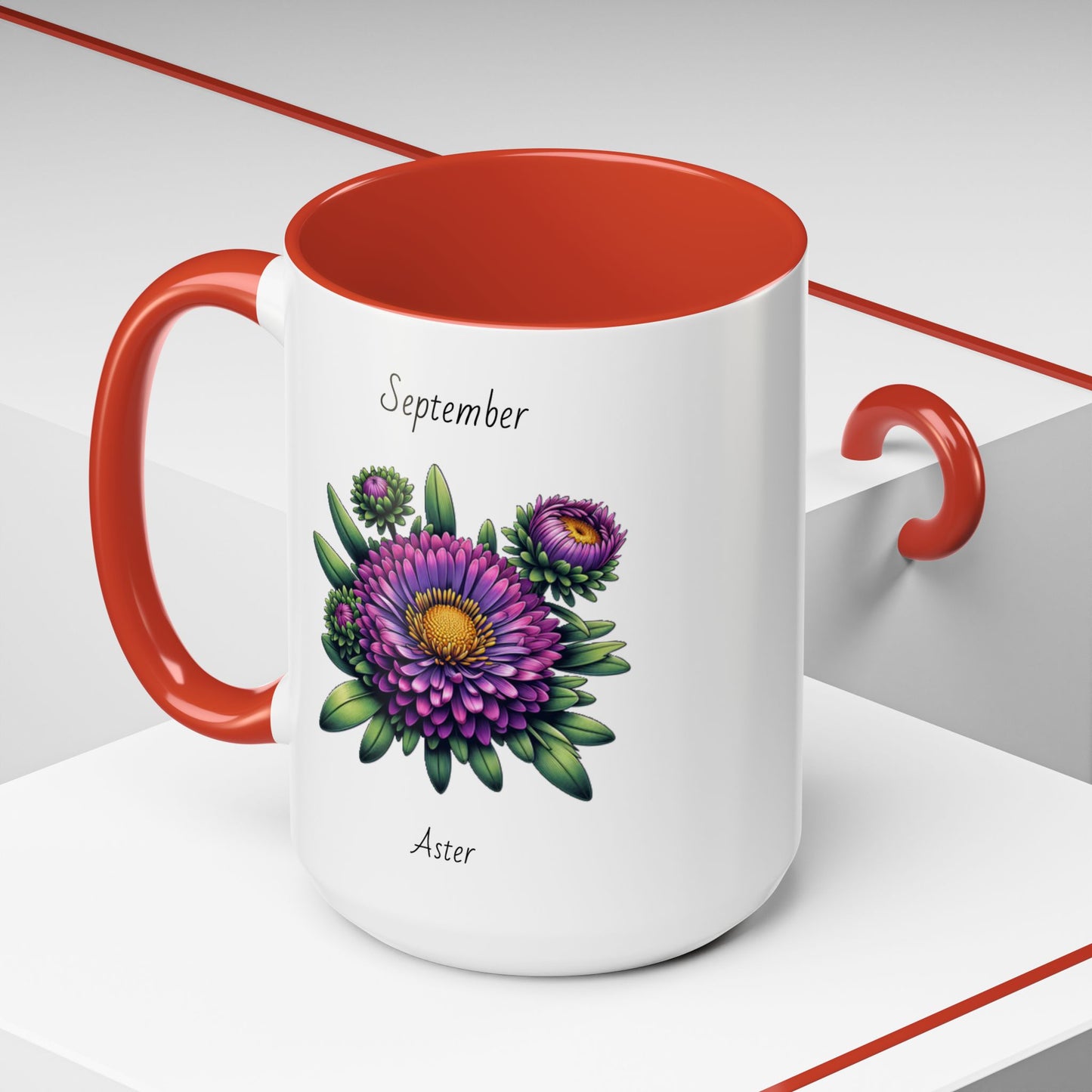 September Coffee Mug Flower Accent Coffee Mug, September Birth Flower - Aster, Birthday Gift Flower Mug