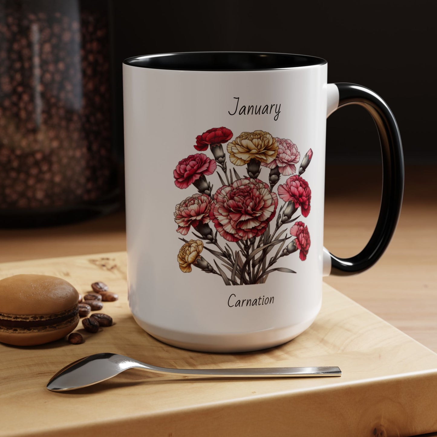 Coffee Mug Flower Coffee Mug, January Birth Month Flower - Carnation, Birthday Gift Flower, Girlfriend Gift, Coffee Lover Gift
