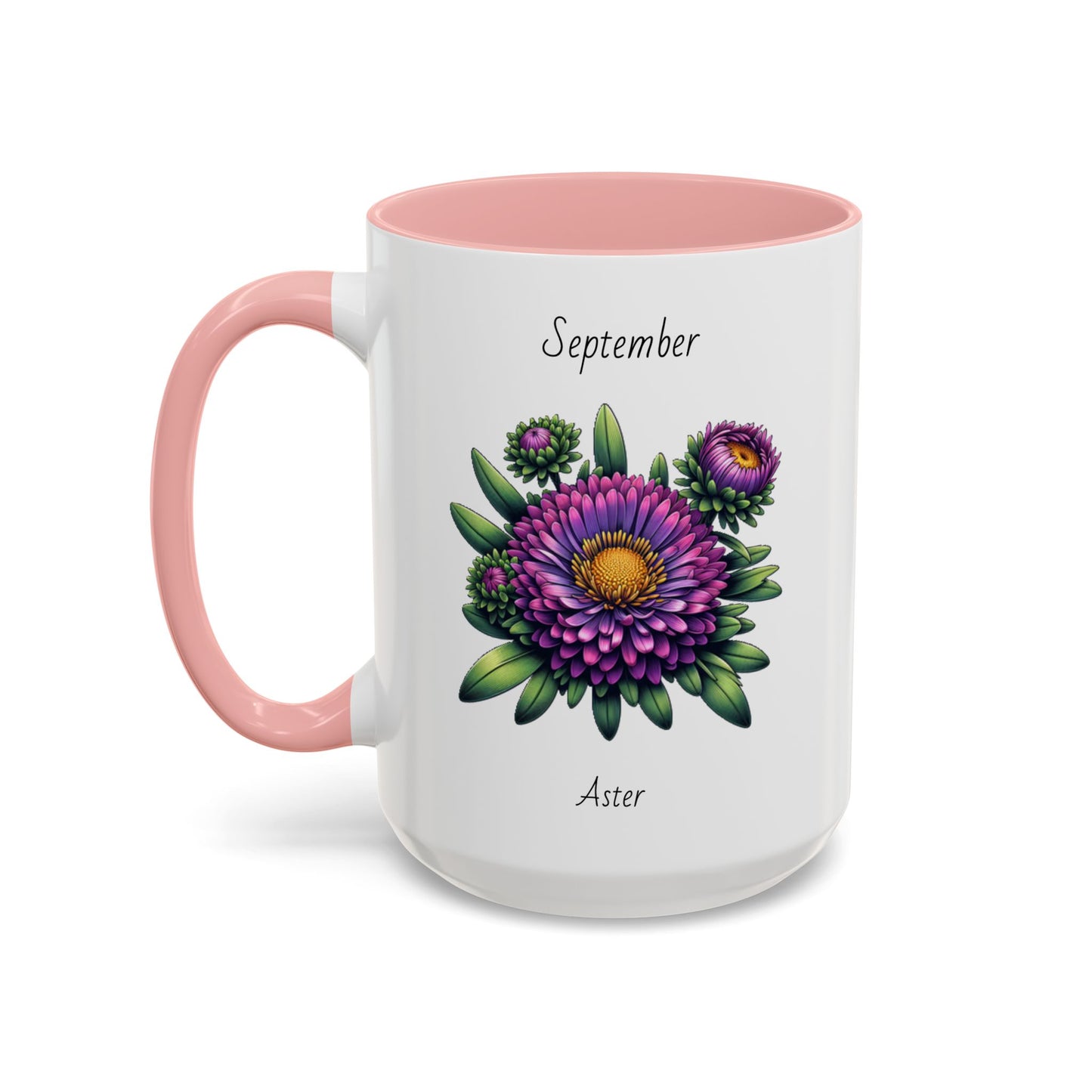 September Coffee Mug Flower Accent Coffee Mug, September Birth Flower - Aster, Birthday Gift Flower Mug
