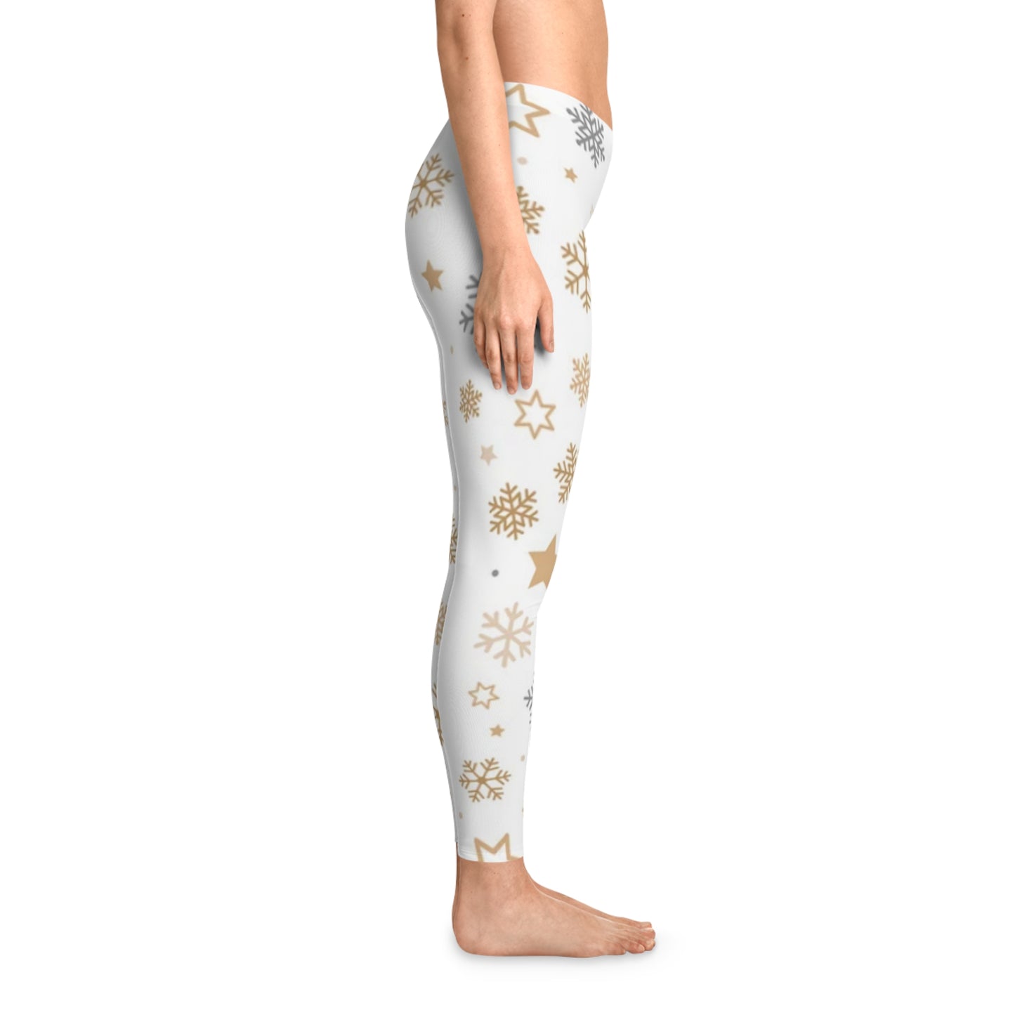 Holiday Stretchy Leggings, White Leggings with Snowflakes and Stars, Womens Leggings, Holiday Leggings, Festive Leggings