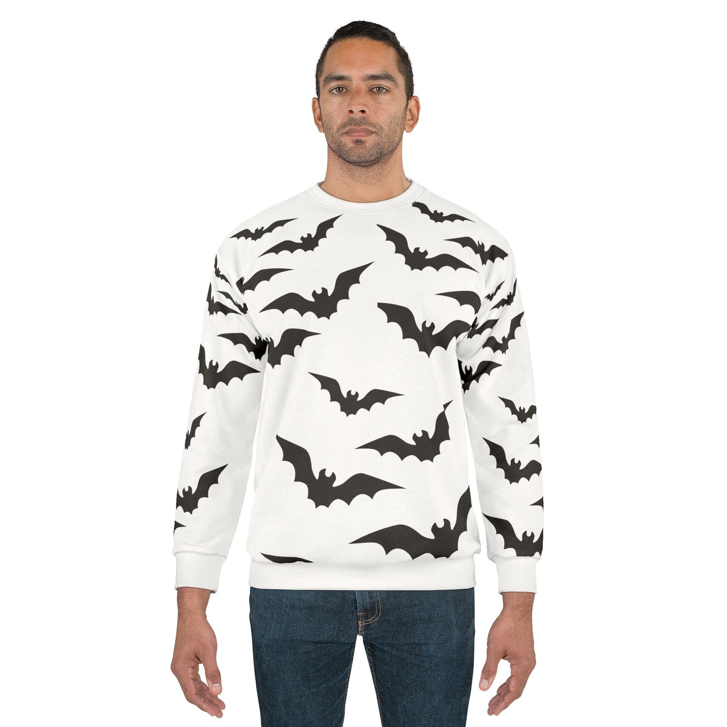 Hallowwen Sweatshirt, Halloween Costume, Adult Sweatshirt with Bats, White Unisex Sweatshirt with Bat Design, Halloween Party Shirt