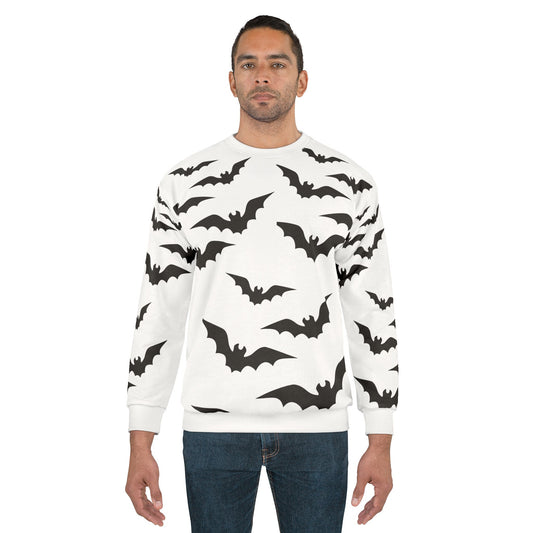 Hallowwen Sweatshirt, Halloween Costume, Adult Sweatshirt with Bats, White Unisex Sweatshirt with Bat Design, Halloween Party Shirt