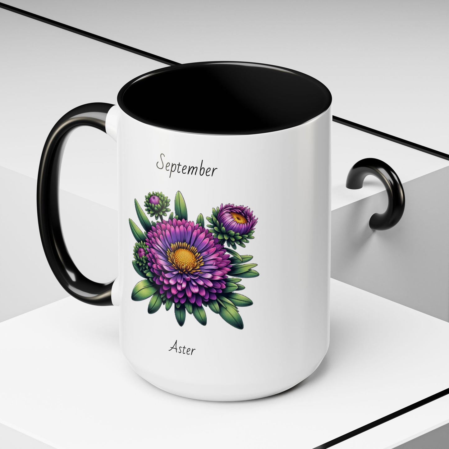 September Coffee Mug Flower Accent Coffee Mug, September Birth Flower - Aster, Birthday Gift Flower Mug