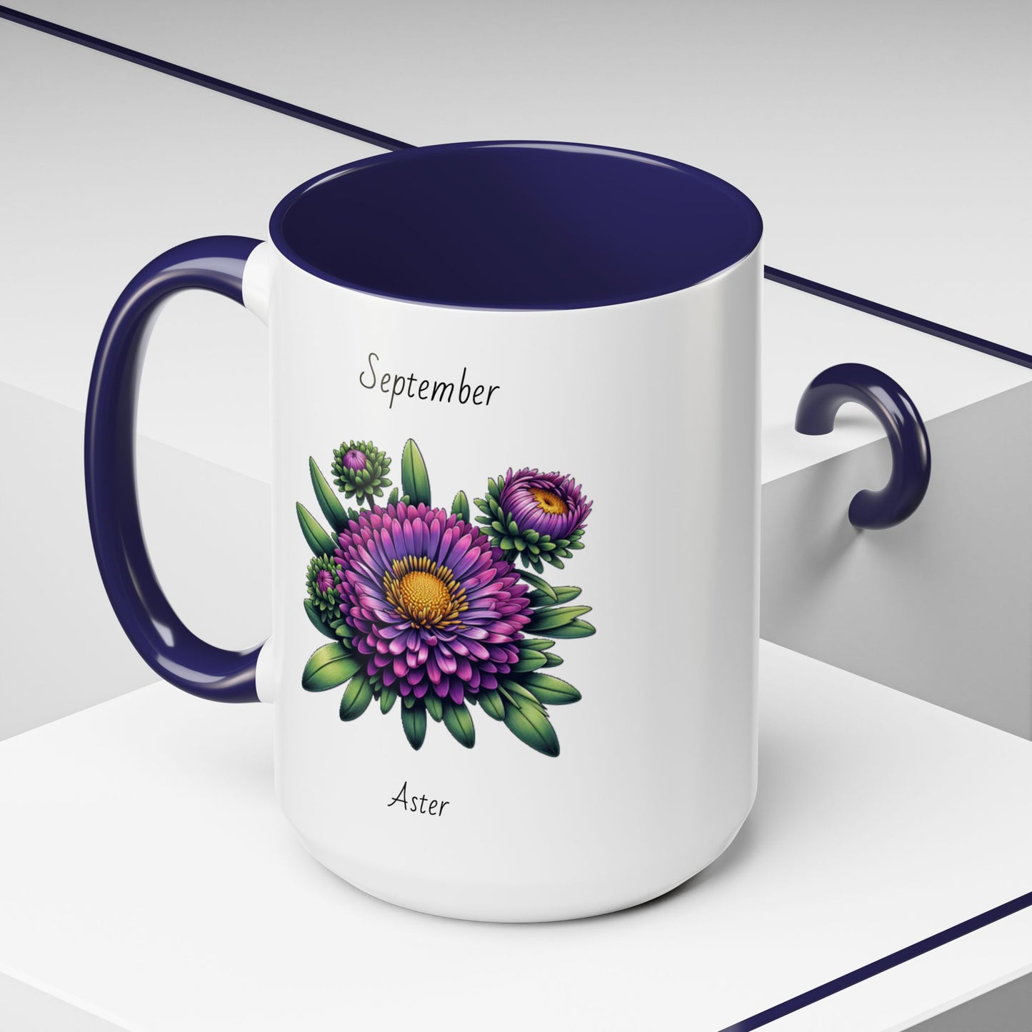 September Coffee Mug Flower Accent Coffee Mug, September Birth Flower - Aster, Birthday Gift Flower Mug